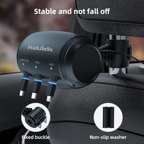 MAGJIEYX Multi Retractable Car Charger Station, Headrest 3 in 1 Charging Box Share Ride Dock for Backseat with Fast 38W Charger Adapter for All Phones|iPhone17/16/15/14|Samsung|iPad|Android - color: Gunmetal Gray