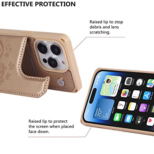iCoverCase Compatible with iPhone 14 Pro Max Wallet Phone Case with Card Holder for Women, RFID Blocking Embossed PU Leather Wrist Strap Case 6.7 Inch (Heart Gold) - color: H-Gold