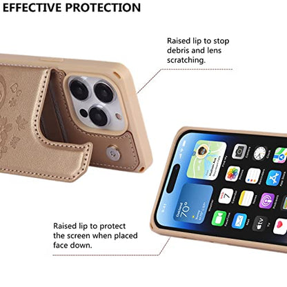 iCoverCase Compatible with iPhone 14 Pro Max Wallet Phone Case with Card Holder for Women, RFID Blocking Embossed PU Leather Wrist Strap Case 6.7 Inch (Heart Gold) - color: H-Gold