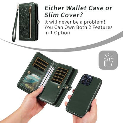 Asuwish Phone Case for iPhone 15 Pro 6.1 inch Zipper Wallet Detachable Cell Cover with Tempered Glass Screen Protector Wrist Strap Mandala Flower Card Holder i Phone15 i15 15Pro Women Men Dark Green - color: Dark Green