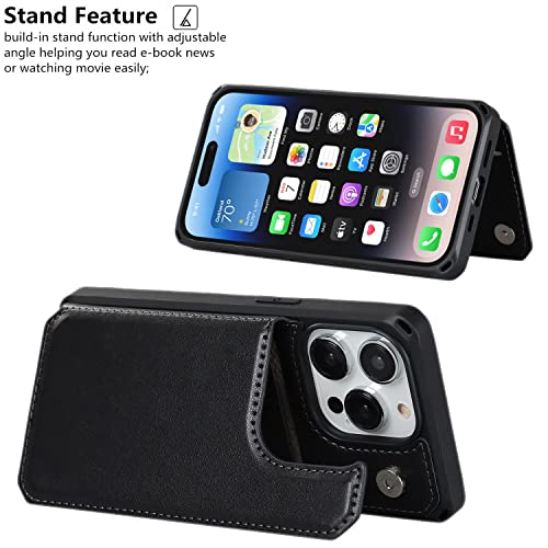 iCoverCase Compatible with iPhone 14 Pro Wallet Phone Case with Card Holder for Women, RFID Blocking Embossed PU Leather Wrist Strap Case 6.1 Inch (Macaron Black) - color: P-Black
