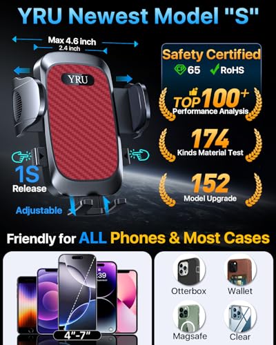 YRU [2026 Ultimate Car Phone Holder Mount [Bendable & Adjustable Aluminum Arm] Cell Phone Holder for Car Dashboard Windshield Phone Stand for iPhone 17 16 15 14 Pro Max Samsung Pickup Truck,Tomato Red - color: Tomato Red