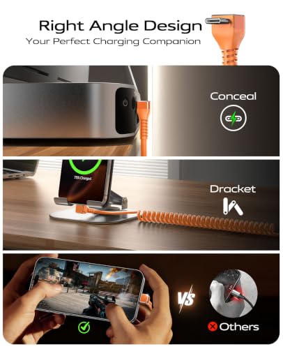 90 Degree Coiled USB C Cable [3FT/6FT], 60W USB C to C Cable Fast Charging - color: Orange, size: 3FT+6FT