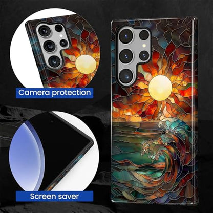 Case for Samsung Galaxy S23 Ultra, 2 in 1 PC Hard Shell & Silicone Inner Bumper, AntiScratch Fullbody Cover Shockproof Slim Design Stained Glass Sun Waves - color: Stained Glass Sun Waves, size: Galaxy S23 Ultra