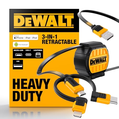 DEWALT Heavy Duty 3 in 1 Retractable Multi Charging Cord, 3ft Fast Charging