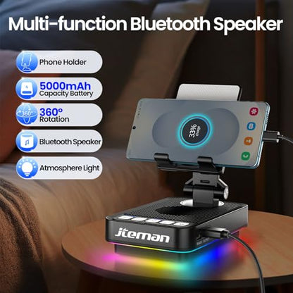 JTEMAN Gifts for Men Women Phone Stand Bluetooth Speaker with Light and Charging Function, 360 Rotating Phone Holder Cool Tech Gifts for Dad Mom Husband Unique Birthday Gift Ideas - color: black