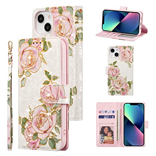 UEEBAI Wallet Case for iPhone 13, PU Leather Phone Cover Kickstand RFID Blocking Flip Case Card Slots Wrist Strap Relief Engraved Pattern Magnetic Closure Flower Folio Wallet, White Rose - color: White Rose, size: iPhone 13