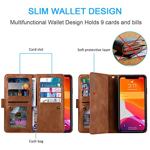 EYZUTAK Wallet Phone Case for Samsung Galaxy A16 4G/5G, Retro Matte 9 Card Holder Slots Zipper Pocket Handbag Case PU Leather Magnetic Closure Kickstand with Wrist Strap Flip Folio Purse Case - Brown - color: Brown, size: Samsung Galaxy A16 4G/5G