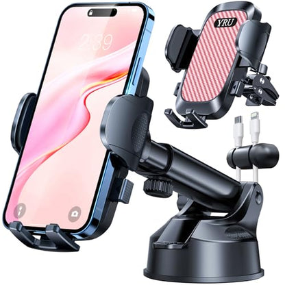 YRU【True Military-Grade Safety & Patent Certs 360°Rotation Car Phone Holder【100+LBS Strong Suction & Clip】 Windshield Dash Vent Cell Phone Mount Cradle for iPhone17 16 Pro Max Truck Samsung, Pink - color: Pink