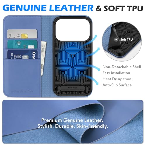 SHIELDON Real Leather Case Wallet for iPhone 17 Pro 6.3", Wisteria Purple | Undetachable, RFID Blocking, Credit Card Holder, Kickstand, Folio Magnetic Shock Absorbing Cover for Men Women - color: Wisteria Purple