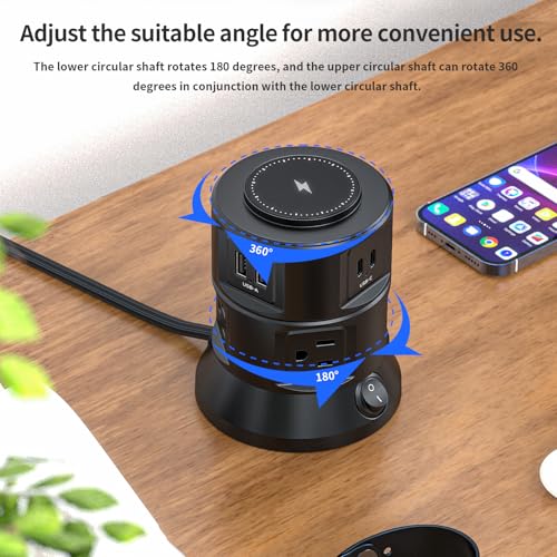 Power Strip Tower 1875W 15A with 15W Magnetic Wireless Charger, Dual-Layer Rotatable Design, 540 Joules Surge Protector Tower with 6 AC Outlets and 4 USB Ports(2USBA+2USBC), 5FT Braided Extension Cord - size: 1875W Tower