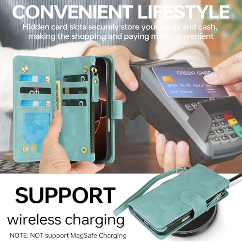 RANYOK Compatible with iPhone 16 Pro Max Wallet Case - PU Leather Wallet Case for iPhone 16 Pro Max with Credit Card Holder RFID Blocking Zipper Pocket [Wrist Strap] Protective Case (Baby Blue) - color: Light Blue, size: iPhone 16 Pro Max, 6.9"