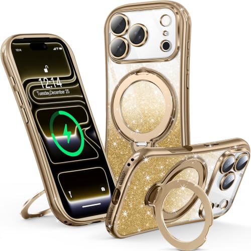 Reukdnv 360° Spin Magnetic Stand for iPhone 17 Pro Case [DIY Glitter Cardstock] [Full Camera Protection] [Fit for MagSafe] Shockproof Plating Glitter Bling TPU Cover for Women Girls 6.3", Gold - color: Gold Glitter, size: iPhone 17 Pro