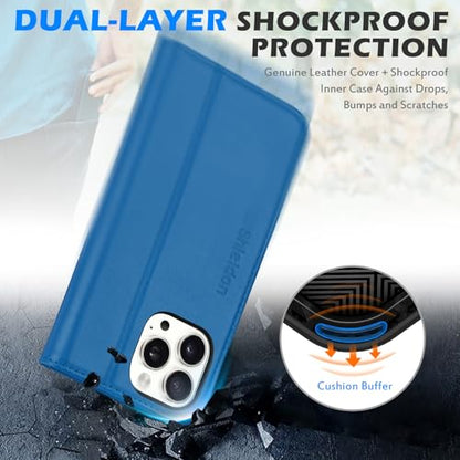 SHIELDON Real Leather Wallet Case for iPhone 16 Pro Max 6.9", Sapphire Blue | Magnetic Closure, RFID Blocking, Credit Card Holder, Viewing Stand, Foldable Design, Shockproof Protective Cover - color: Sapphire Blue