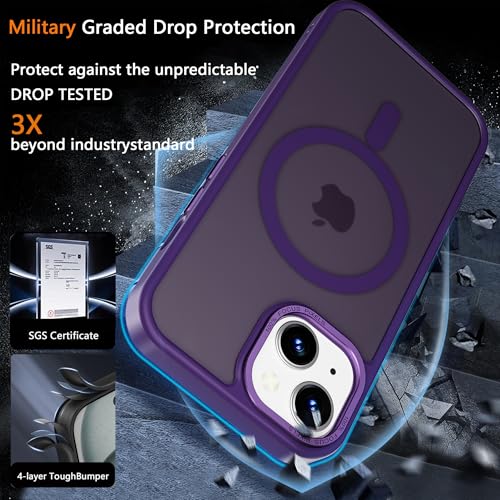 Magnetic iPhone 14/13 case,Compatible with Magsafe, Military-Grade Protection,Slim Translucent Matte Shockproof with Anti-Scratch Anti-Fingerprint Phone Cover (deep Purple, iPhone 14/13) - color: Deep Purple, size: iPhone 14/13