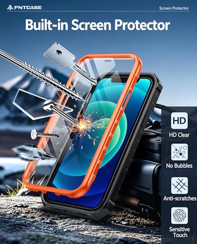 FNTCASE for iPhone 12 Phone Case: for iPhone 12 Pro Phone Case Military Grade Drop Proof Rugged Protective Cover with Kickstand | Matte Textured Shockproof TPU Hybrid Bumper Cases 6.1 inch - Orange | 20FT Military-Grade Drop Protection, Anti-Slip Matte Te