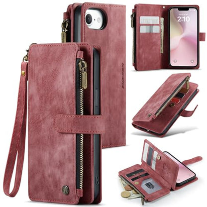 Compatible with iPhone 16e/17e Wallet Case,with Card Holder Kickstand Magnetic Zipper Pocket Lanyard Strap Wristlet,Leather Flip Case Wallet for iPhone 16e/17e 6.1 Inch(Red) - color: Red, size: iPhone 16E/17E 6.1 Inch