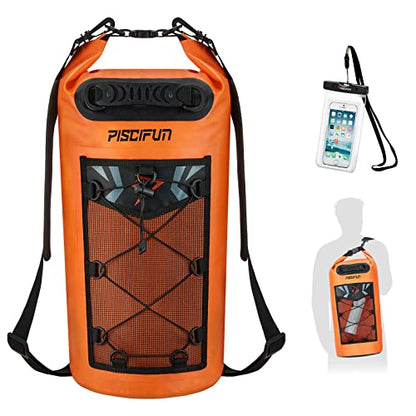 Piscifun Dry Bag, Waterproof Floating Backpack 10L/20L/30L/40L | Waterproof Phone Case, Adjustable shoulder straps, Roll-top closure keeps gear dry, Ideal for Boating, Kayaking, Fishing - color: Orange, style: 40l