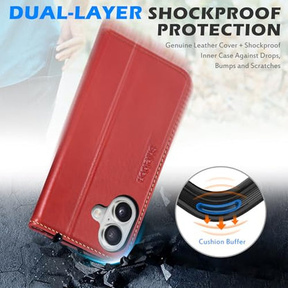SHIELDON Genuine Leather Case Wallet for iPhone 17 6.3" 2025, Retro Red | Flip Magnetic Cover, RFID Blocking, Credit Card Holder, Kickstand, Book Design, Full Protection, Shockproof Phone Shell - color: Retro Red