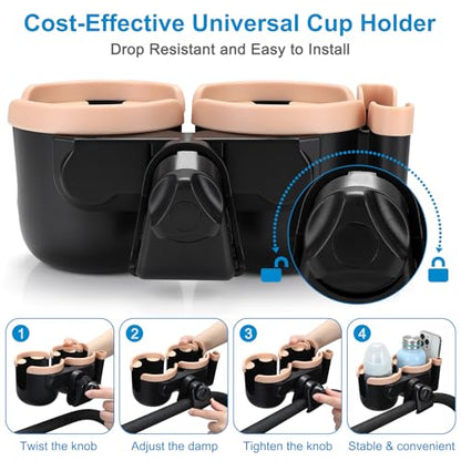 Accmor Stroller Cup Holder with Phone Holder, Bike Cup Holder, Universal Cup Holder for Uppababy Nuna Strollers, 2-in-1 Drinks Holder for Walker, Wheelchair, Scooter - color: Double Holder-Pink