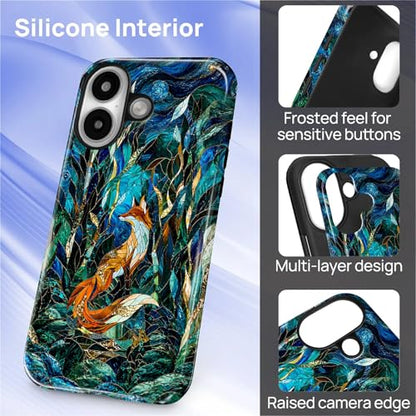 Case Compatible with iPhone 16 Plus, Cute Dual Layer Hybrid Phone Cover, Military Grade Drop Protection, Aesthetic Shockproof Phone Case for Women Girls, Woodland Fox Stained Glass - color: Woodland Fox Stained Glass, size: Iphone 16 Plus