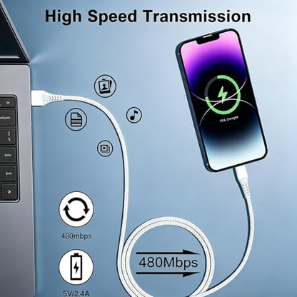 Phone Charger Cord 3FT 2Pack USB Lighting Cable Nylon Braided Phone Charger Fast Charging Cord Phone Cords Compatible with Phone 14 13 12 11 Pro Max XS Max XR 8 Pad, White