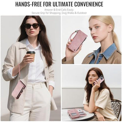 Defencase for iPhone 14 Plus Case Wallet Compatible with Magsafe, Rose Pink | Drop-Proof Magnetic Detachable Phone Cases Cover, with RFID Bolcking Card Holder, Zipper Strap, PU Leather, Removable Wallet - color: (Detachable with Magsafe)-Pink