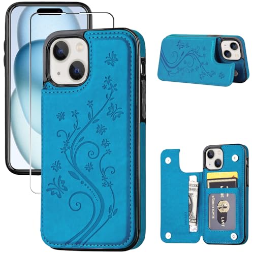 Wallet Case Compatible with iPhone 15,Slim Protective case with Card Holder,Premium PU Leather Kickstand Card Slots with Double Magnetic Clasp for iPhone 15(6.1")-Blue Butterfly - color: Blue