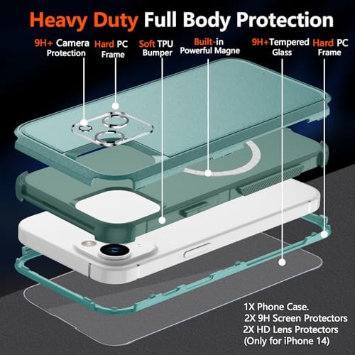 Diverbox Heavy Duty Magnetic Case for iPhone 14 [with Screen & Camera Lens Protectors] (Teal) - color: Magnetic Teal
