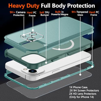 Diverbox Heavy Duty Magnetic Case for iPhone 14 [with Screen & Camera Lens Protectors] (Teal) - color: Magnetic Teal