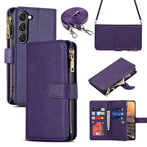 iCoverCase for Samsung Galaxy S23 Wallet Case with Card Holder, Kickstand Feature PU Leather Case with Adjustable Crossbody Lanyard Magnetic Clasp Zipper Pocket Flip Cover (Purple) - color: Purple, size: Galaxy S23