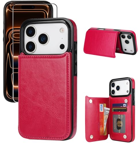 for iPhone 17 Pro Max Wallet Case with Screen Protector, Slim PU Leather Protective Case with Card Holder[RFID Blocking] Kickstand Cover 6.9“-Rose Red - color: Rose Red