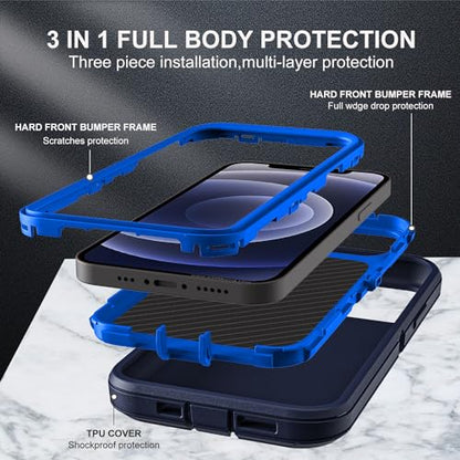 YKHJKLEC for iPhone 12/12 Pro Case, Military Grade 3 in 1 Heavy Duty Shockproof/Drop Proof/Dust Proof with 2Pcs Tempered Glass Screen Protector (Navy Blue) - color: Navy Blue