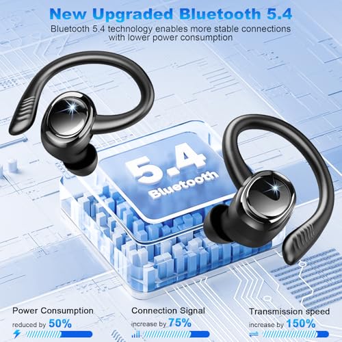 Hupoaf Wireless Earbuds Sport, NEW Bluetooth 5.4 Headphones with Earhooks, 50H Stereo Deep Bass Over Ear Buds with 4 ENC Noise Canceling Mics, IP7 Waterproof Earphones for Running Workout Gym -Black - color: A-Black