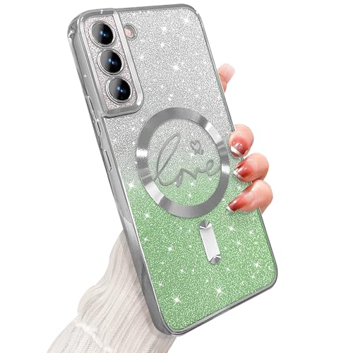 ZONRW for Samsung Galaxy S22 Case Magnetic,for Women Girl Soft Cute Luxury Love Heart Plating Bling Gradient Glitter Phone Case Compatible with MagSafe Clear Shockproof Back Cover 6.1”-Green - color: Green, size: Samsung Galaxy S22