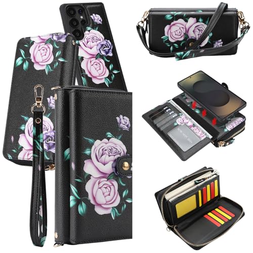 LITOU Compatible for Samsung Galaxy S26 Plus Crossbody Wallet Phone Case - color: BlackFlower, size: S26 Plus