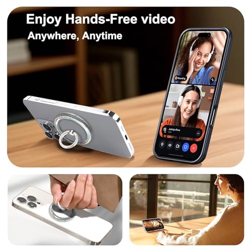 Silver Magnetic Phone Ring,Transparent Strong Magnet Phone Grip Holder,360°Adjustable & Removable Clear Glitter Laser Design Diamond Ring for Phones & Tablets - color: Clear Silver Glitter Diamond Laser