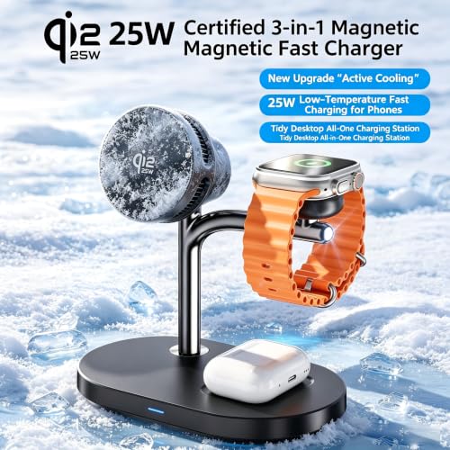Qi2.2 25W 3 in 1 Wireless Charging Station with TEC Active Cooling Mag-Safe Charger Stand,Magnetic Qi 2 Wireless Charger for iPhone 17-8,Galaxy S26/S25/S24,Apple/Samsung Watch,Pods/Buds (Black) - color: black