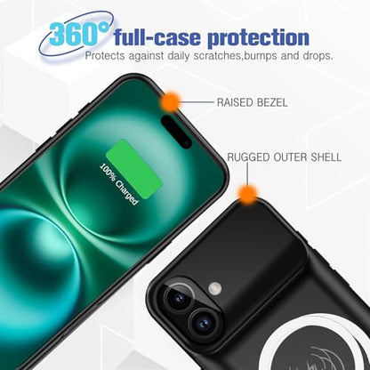 Battery Case for iPhone 16 Plus, Full Encircle 12000mAh High Capacity Rechargeable Portable Charger Case Extended Battery Pack for iPhone 16 Plus (6.7 inch) Wireless Charging Case with Carplay-Black - size: iPhone 16 Plus (6.7 inch)