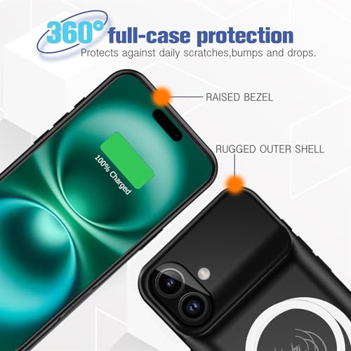 Battery Case for iPhone 16 Plus, Full Encircle 12000mAh High Capacity Rechargeable Portable Charger Case Extended Battery Pack for iPhone 16 Plus (6.7 inch) Wireless Charging Case with Carplay-Black - size: iPhone 16 Plus (6.7 inch)