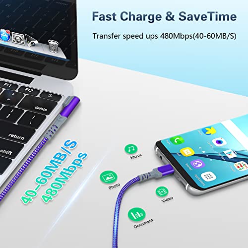 5-Pack USB C to USB C Cable 10FT Right Angle USB C Extra Long Cord - color: Blue-Green-Purple-Rose-Black