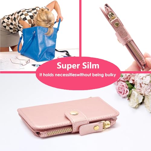 M-Plateau RFID Blocking Keychain Wallet With Leather Wrist Strap | Keychain Wristlet, Womens Card Holder with Zipper Coin Pocket and ID Window (Pink) - color: Pink