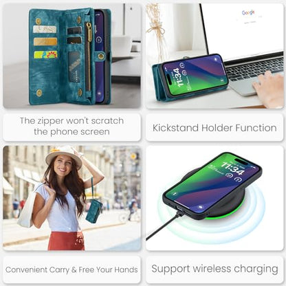 Compatible with iPhone 15 Wallet Case with Magsafe,Blue | Magnetic Detachable Case,Card Holder,Zipper Pocket,Strap Wristlet, Soft Leather Drop-Proof Phone Case for iPhone 15 6.1" - color: Blue, size: iPhone 15 6.1"