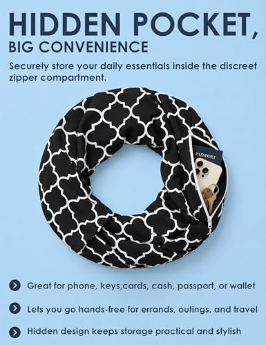 Pop Fashion Quatrefoil Pattern Infinity Scarf for Women - Travel Scarf with Hidden Pocket - All Seasons - color: Black, size: 24.5 x 9.5