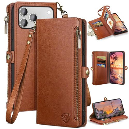 XcaseBar compatible with iPhone 17 Pro 6.3" Wallet case with Zipper Credit Card Holder【RFID Blocking】,Flip Folio Book PU Leather Phone case Shockproof Cover Women Men for Apple 17 Pro case Light Brown - color: Light Brown, size: iPhone 17 Pro 6.3"