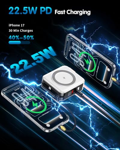 10000mAh for Magsafe Portable Charger Built-in Cables & AC Wall Plug,White | 6-in-1,PD 22.5W USB C Fast Charging,15W Magnetic Wireless Charging,Charge 5 devices at once,LED Display Travel Power Bank - color: White