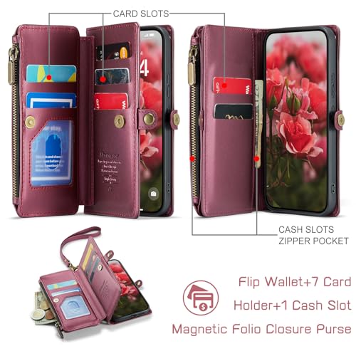 Defencase for Samsung Galaxy S24 Wallet Case with RFID Card Holder, WineRed | Durable Soft PU Leather, with Zipper Pocket, Wrist Strap, Fashion Snap Flip S24 Phone Cases Cover with Stand for Women Men - color: Wine Red