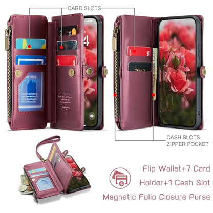 Defencase for Samsung Galaxy S24 Wallet Case with RFID Card Holder, WineRed | Durable Soft PU Leather, with Zipper Pocket, Wrist Strap, Fashion Snap Flip S24 Phone Cases Cover with Stand for Women Men - color: Wine Red