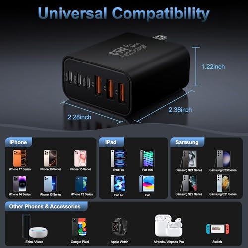 65W USB C Charger Block,6-Port Multi Device Fast Charger PD QC Wall Adapter - color: Black, size: 65w