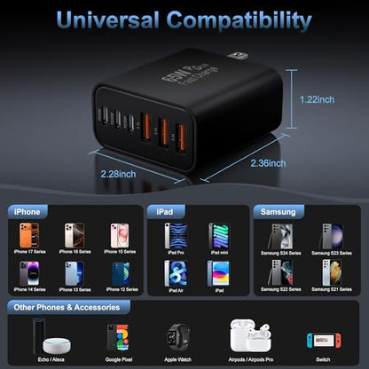 65W USB C Charger Block,6-Port Multi Device Fast Charger PD QC Wall Adapter - color: Black, size: 65w